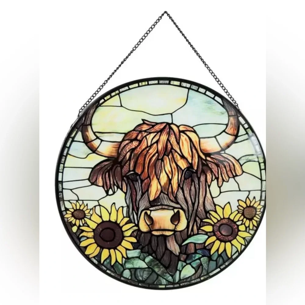 Hobby Lobby Highland Cow Stained Glass Wall/Window,Sunflowers,Round,chain incl.
